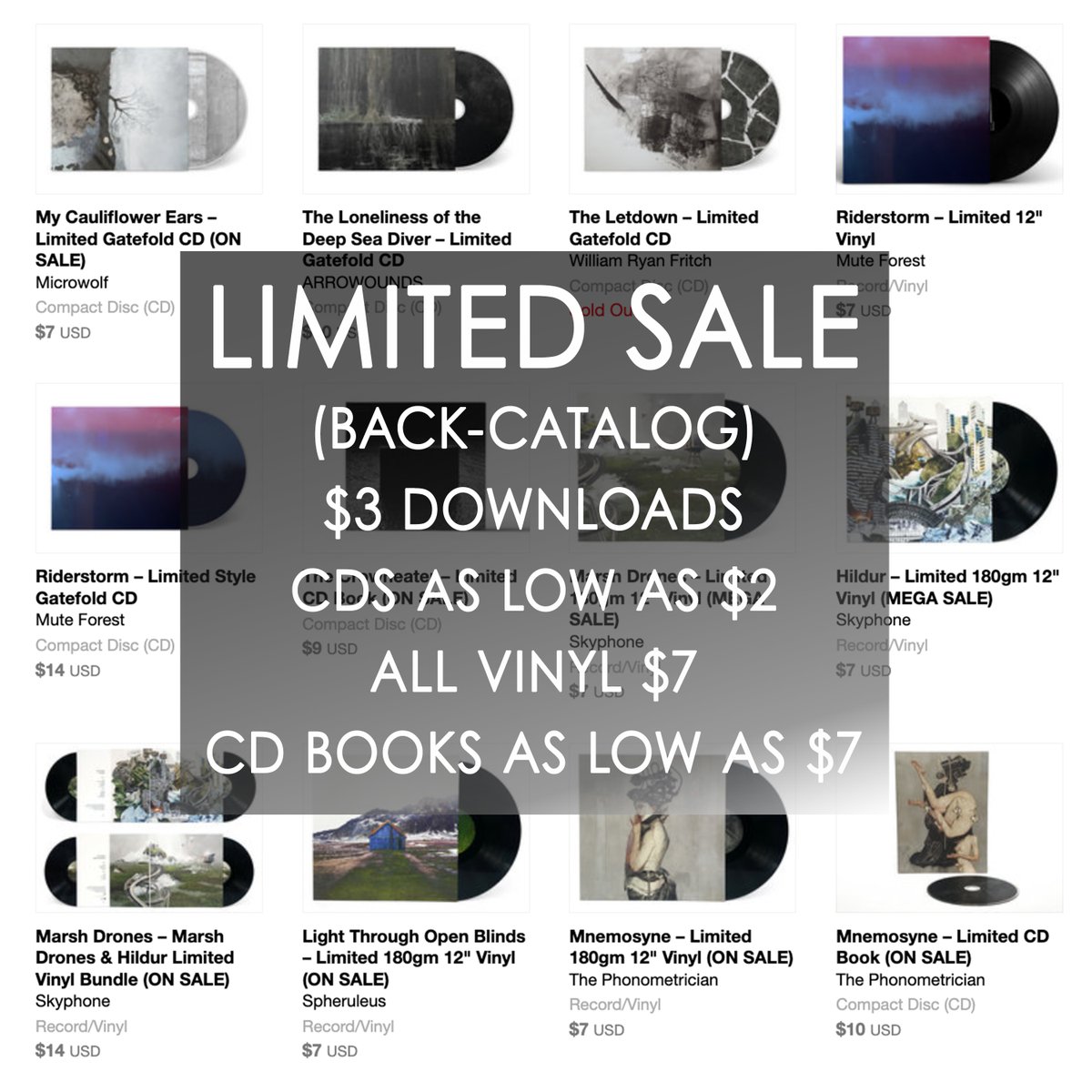 A generous sale on all back-catalog items. Not sure how long we will keep this running.

All 2022 and older releases are now:
Downloads (Full-Lengths): $3 USD
CDs as low as $2 USD
All Vinyl: $7 USD
CD Books as low as $7 USD
Select cassettes on sale

losttribesound.bandcamp.com/music