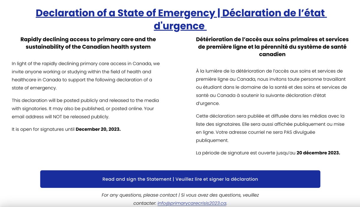 🚨 Family doctors are calling for a statement of emergency. 🚨

Primary care is in crisis, and research suggests the situation will significantly worsen over the coming decade.

Add your voice by signing &amp; sharing the declaration: primarycarecrisis2023.ca/statement-of-e…