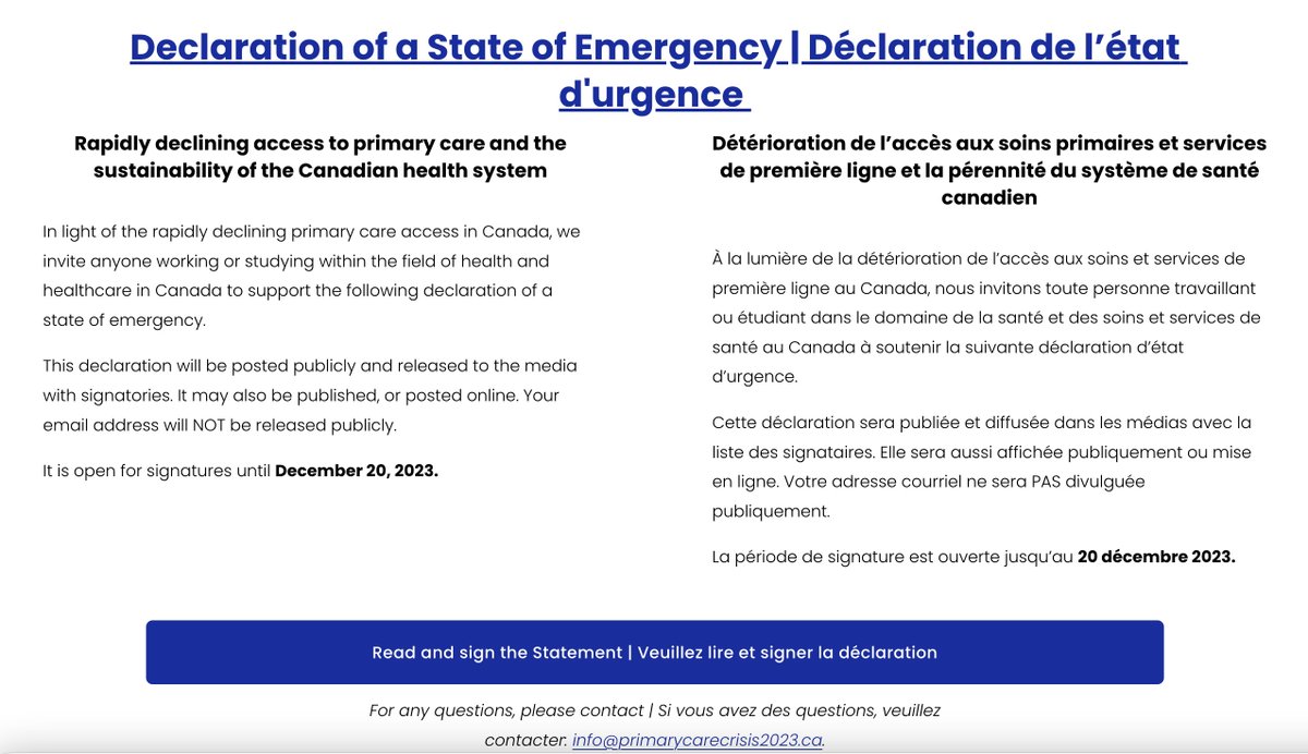 🚨 Family doctors are calling for a statement of emergency. 🚨 Primary care is in crisis, and research suggests the situation will significantly worsen over the coming decade. Add your voice by signing & sharing the declaration: primarycarecrisis2023.ca/statement-of-e…