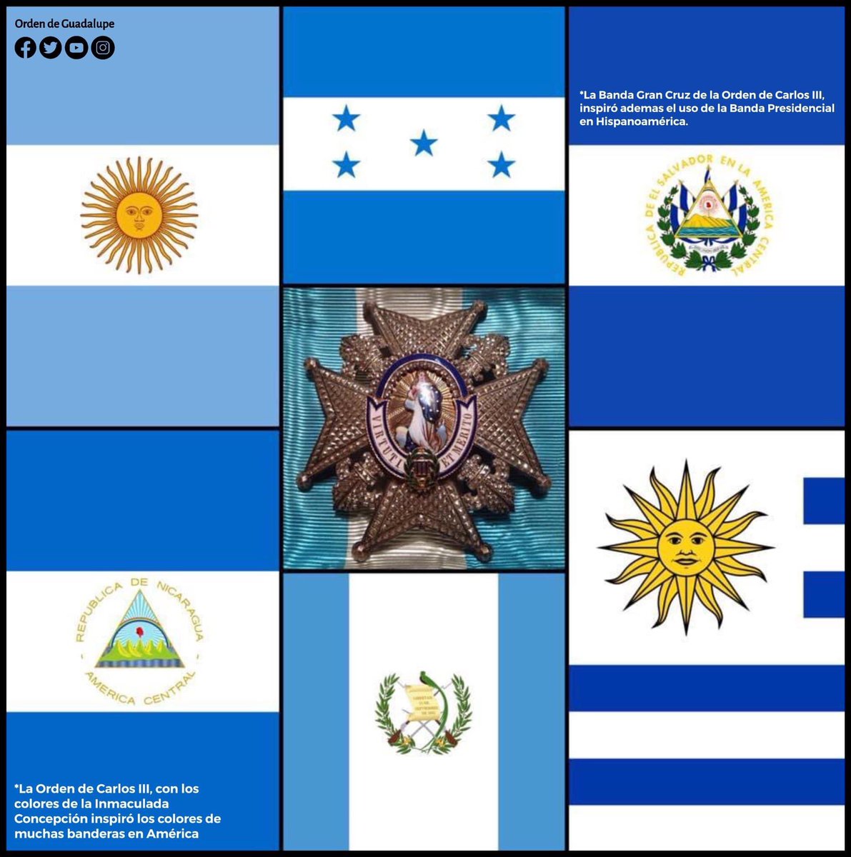 #SabíasQue la Orden de Carlos III de España fue dedicada a la #InmaculadaConcepcion Concepción, y sus colores blanco y azul inspiración las banderas de los nuevos países hispanos?

La Orden de Guadalupe en 1853, con Antonio López de Santa Anna, retomó sus estatutos para sí. 🧵1/2