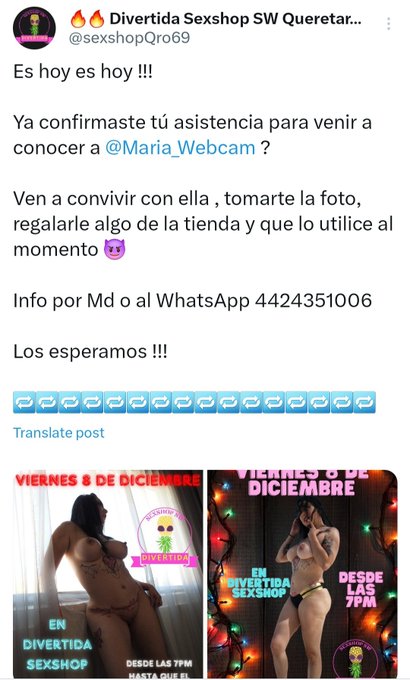 Es hoy! Es hoy! Nos vemos en la noche en @sexshopQro69  Vamos a pasar una noche muy divertida 🥳😈 me acompa&ntilde;an<a class="tags" target="_blank" title="On Twitter" href="/?out=eyJ0eXAiOiJKV1QiLCJhbGciOiJIUzUxMiJ9.eyJpYXQiOjE3MjA3NDA5NjMsImlzcyI6InR3cG9ybnN0YXJzLmNvbSIsIm5iZiI6MTcyMDc0MDk2MywiZXhwIjoxNzUyMjc2OTYzLCJyZWRpcmVjdF91cmwiOiJodHRwczovL3R3aXR0ZXIuY29tL3NleHNob3BRcm82OSJ9.KFph5qlctofa_LR_P8HVrdgpDehuSwORHthnyBsXngwVJSF9SAGVgJKChjIAO7DrBXKfGcX2MfTppibRu82PHw">@sexshopQro69</a>
