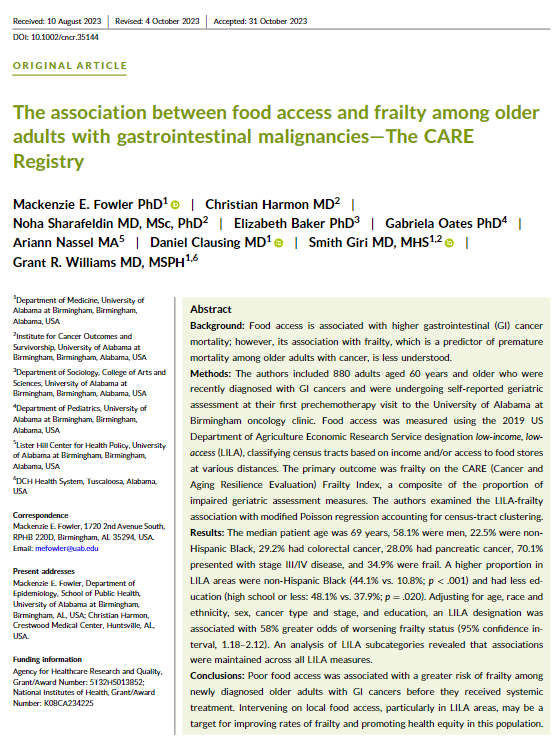 JournalCancer's tweet photo. Presented at #ASCO23 | Intervening on local food access, particularly in low-income, low-access areas, may be a target for improving rates of frailty and promoting health equity in adults with #GICancer.

https://t.co/dtDrtUvbdn

@MFowlerPhD 
@GrantWilliamsMD 
@NohaSharafeldin https://t.co/msyKltIRdG