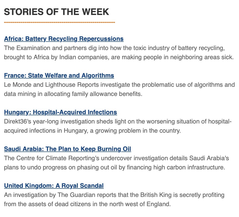 📚GIJN's Stories of the Week ➡️@examinationnews & partners dig into how the toxic industry of battery recycling is making people sick. ➡️@direkt36 sheds light on the worsening situation of hospital-acquired infections in Hungary. And much more: mailchi.mp/gijn/newslette…