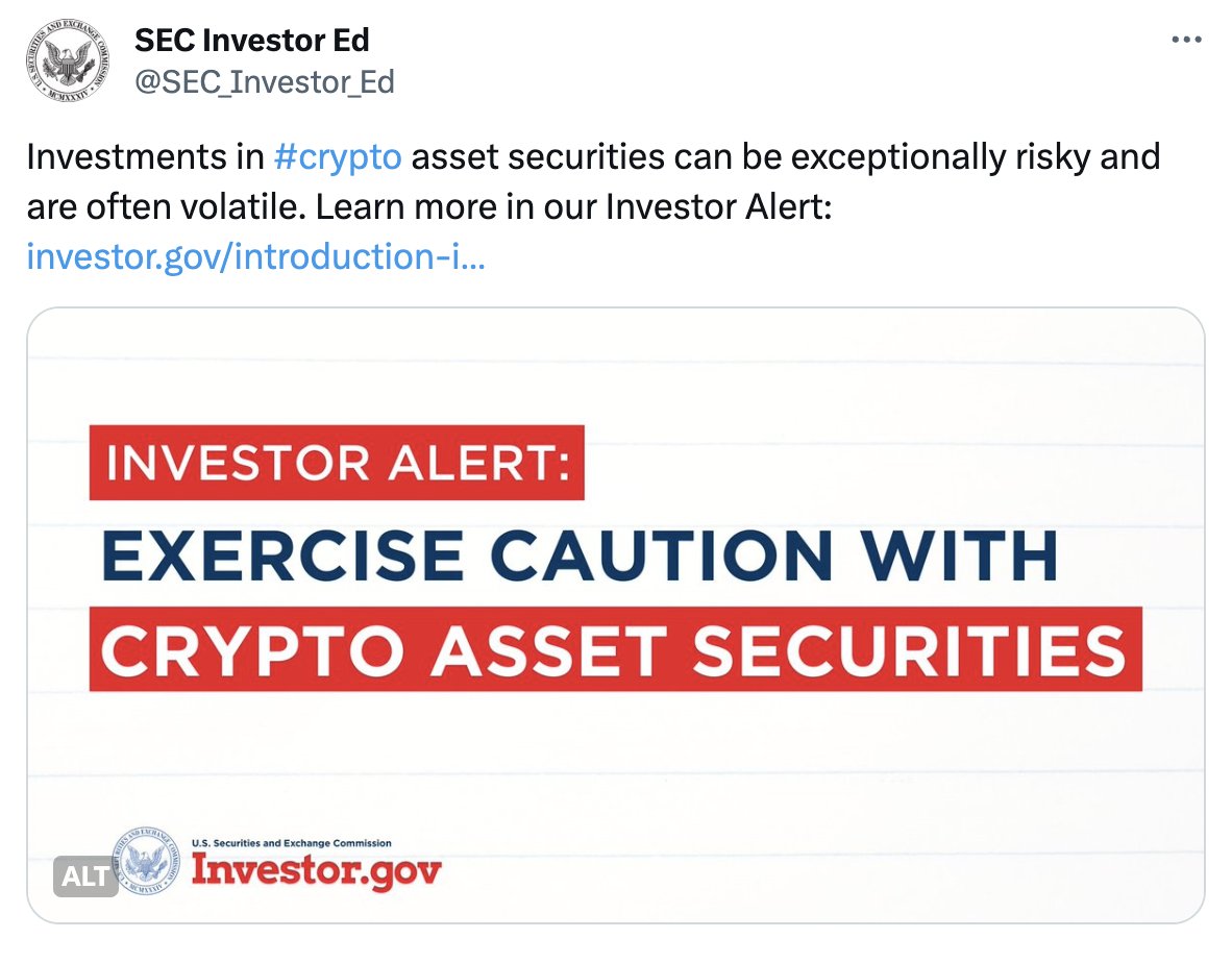 BREAKING: 🚨 SEC just posted this investor alert on "crypto asset securities"

They did the same thing leading up to the Bitcoin Futures approval.

Spot Bitcoin ETF inevitable now...