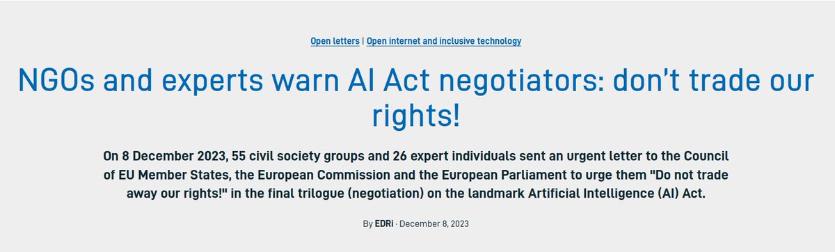 While negotiations on the #AIAct continue, a coalition of 55 NGOs and 26 individual experts urge negotiators: do not trade away our rights! #DontTradeOurRights Read the full letter and add your signature now edri.org/our-work/ngos-…