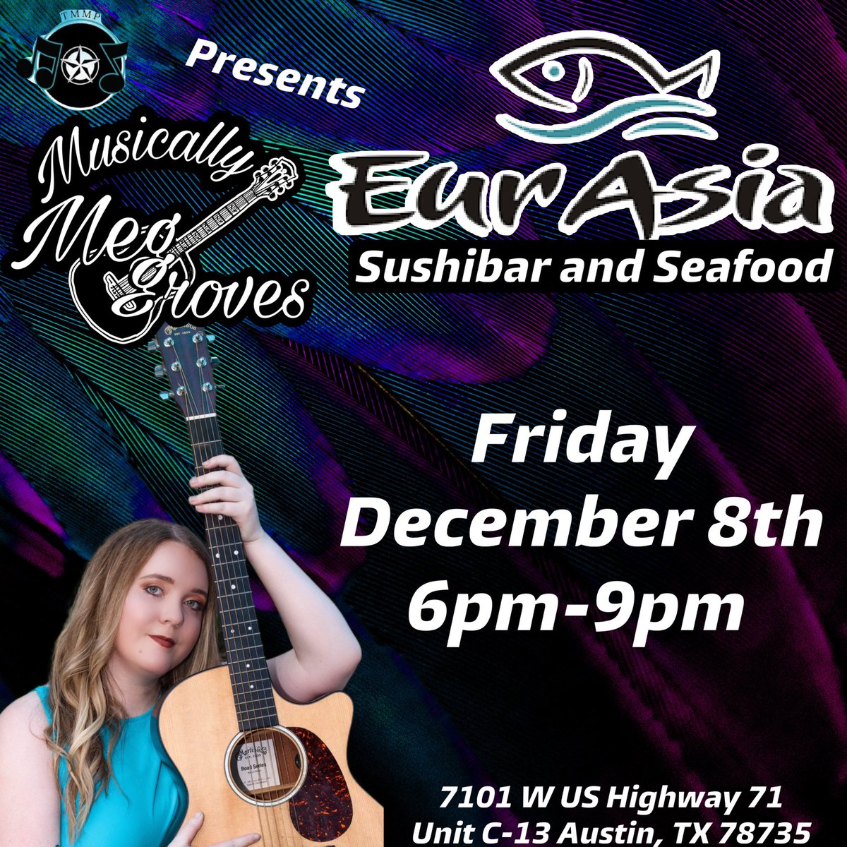 meggrovesmusic's tweet photo. Hey y‘all! Come on out and enjoy some wonderful sushi while I sing some live music for ya!
🎶Eurasia Sushi Bar & Seafood🎶
Friday December 8th
6pm-9pm
7101 W US Highway 71 Unit C-13
Austin, TX 78735
#musician #austintx #TMMP #livemusic #sushi https://t.co/fyIyxhkOoI