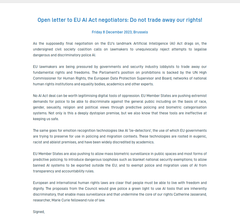 🚨 EU: Do not trade away our rights in the #AIAct! Civil society advocates and academics are calling on the @Europarl_EN, @EUCouncil & @EU_Commission to unequivocally reject attempts to legalise dangerous, discriminatory police AI 🧵 #DontTradeOurRights edri.org/wp-content/upl…