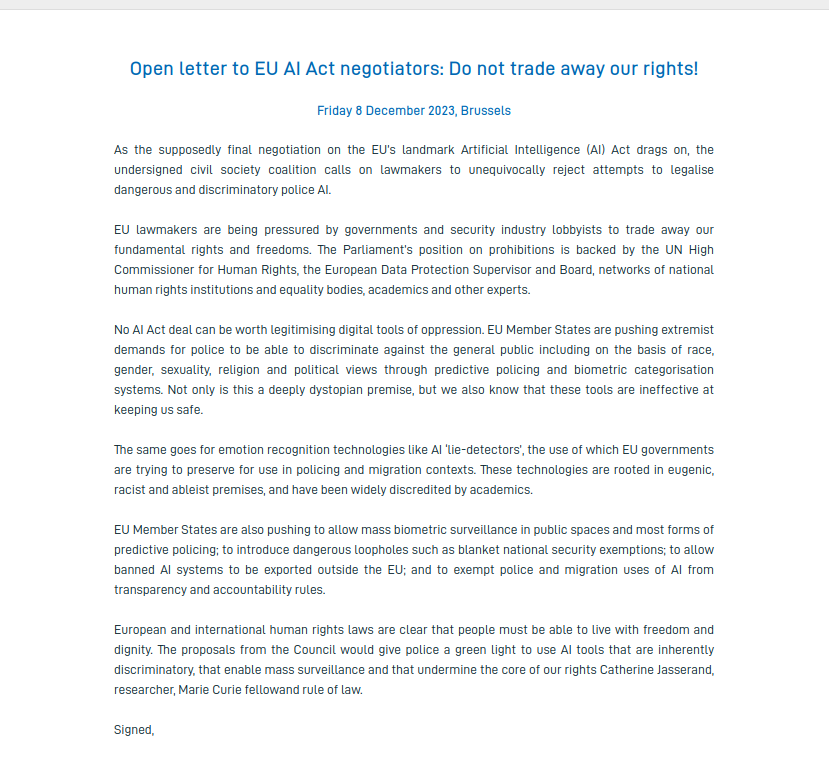 EDRi (@edri) on Twitter photo 🚨 EU: Do not trade away our rights in the #AIAct!
Civil society advocates and academics are calling on the <a href="/Europarl_EN/">European Parliament</a>, <a href="/EUCouncil/">EU Council</a> & <a href="/EU_Commission/">European Commission</a> to unequivocally reject attempts to legalise dangerous, discriminatory police AI
🧵 #DontTradeOurRights
edri.org/wp-content/upl… 🚨 EU: Do not trade away our rights in the #AIAct!
Civil society advocates and academics are calling on the <a href="/Europarl_EN/">European Parliament</a>, <a href="/EUCouncil/">EU Council</a> & <a href="/EU_Commission/">European Commission</a> to unequivocally reject attempts to legalise dangerous, discriminatory police AI
🧵 #DontTradeOurRights
edri.org/wp-content/upl…