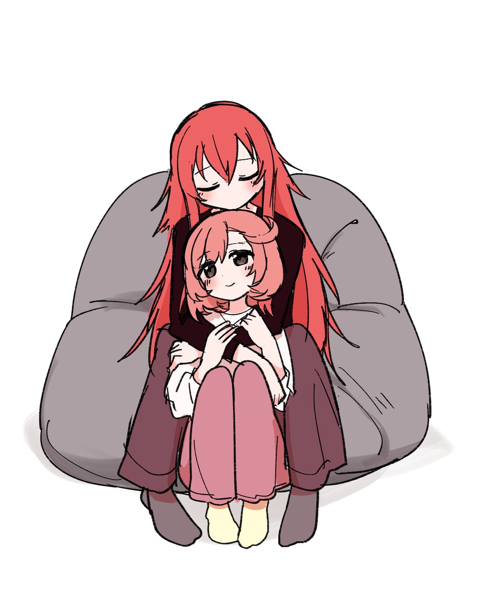 2girls multiple girls hug long hair closed eyes hug from behind red hair  illustration images