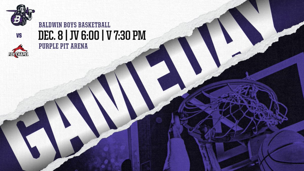 BaldwinAthDept's tweet photo. 🏀GAMEDAY🏀

📍Baldwin High School
⏲️Boys JV @ 6:30pm 
⏲️Boys Varsity @ 7:30pm
🆚 Fox Chapel

@BHSBoysBBall_ @BHSActivities @purbalite

#PURPLEPIT https://t.co/GtGt8VC6fM