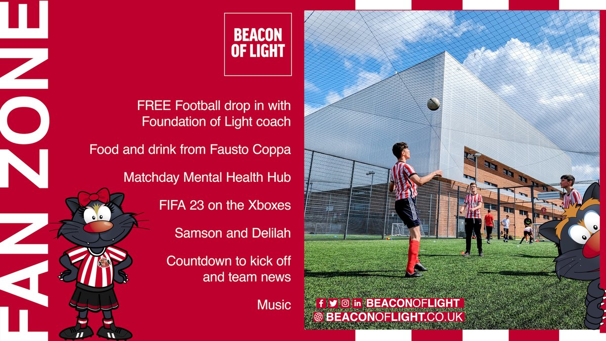 🔴⚪️ 𝐒𝐮𝐧𝐝𝐞𝐫𝐥𝐚𝐧𝐝 𝐯𝐬 𝐖𝐞𝐬𝐭 𝐁𝐫𝐨𝐦 𝐟𝐚𝐧 𝐳𝐨𝐧𝐞 ⚪️🔴 ⚽️ Kickabout on our outdoor 3G pitches 🐈‍⬛ Samson and Delilah 🧠 Matchday mental health hub ☕️ Food and drink available from Fausto Coppa 📍 Beacon of Light 📆 Saturday 9 December ⏰ 10.00am-12.00pm