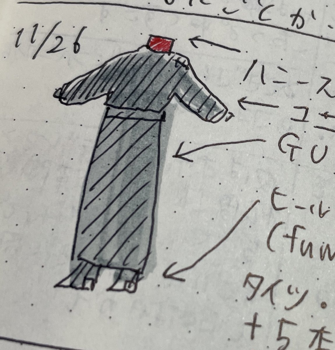 結局翌年になったときにどれくらいの厚さのもの着てたか覚えてないな……と思って日記(手帳)に当日の気温とともに服装をメモすることがある 実際着てみて暑かったかどうかとかをメモしてある……「服装で体温調節する」が致命的に下手くそで何年人間やってても冬場は必ず着込みすぎて暑くなってしまう
