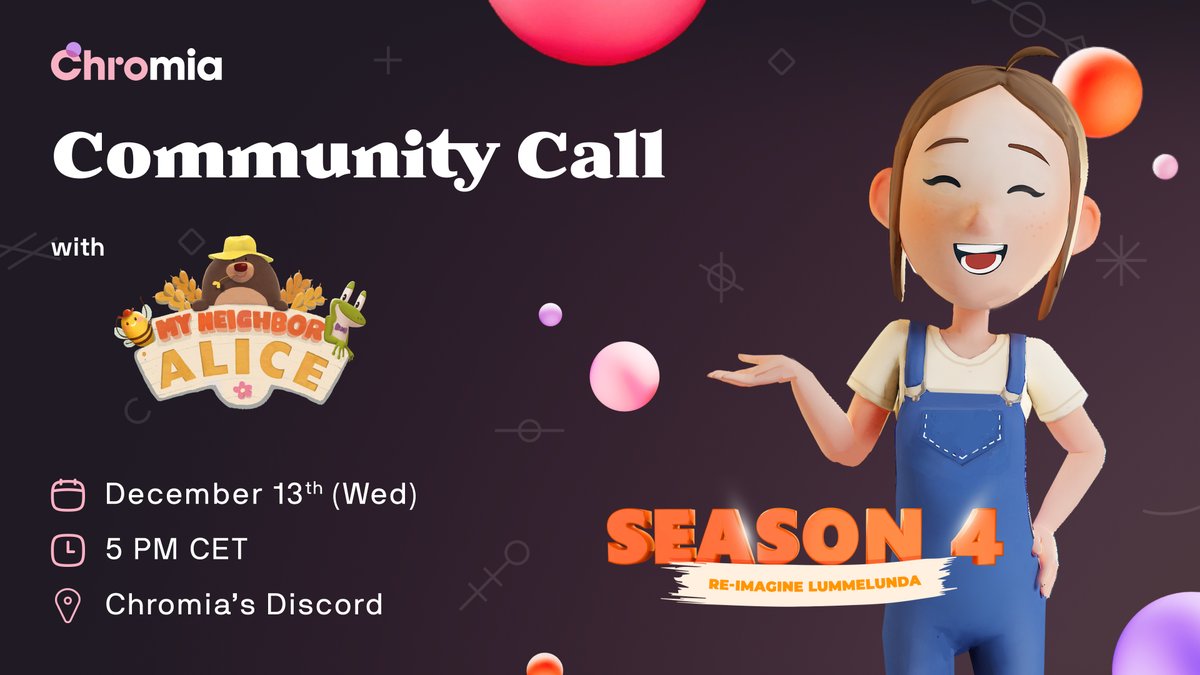 Chromia's tweet photo. Excited about gaming? 

Join us on Wed 13th Dec for a Community Call with @MyNeighborAlice to celebrate their awesome Season 4 release! 🎉

Hosted on the #appnet, Alice shows what is possible on #Chromia. 

📆 Wed 13th Dec
⏰ 5PM CET
📍 Discord https://t.co/AF5S9dZZTU https://t.co/0cmt0y8IU9