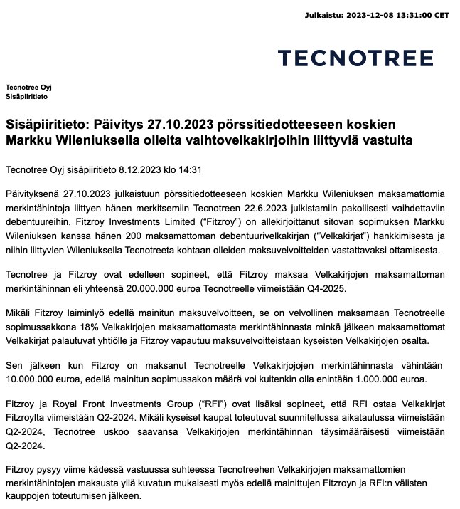 Sisäpiiri-Markku taas vauhdissa 🧐
'Tecnotreen hallituksen jäsen Markku Wilenius  myi 250 000 yhtiön osaketta 28.7.2022 yhteensä 195 000 eurolla. Ruman laskun aiheuttanut osavuosikatsaus julkaistiin 4.8. Wilenius  kuittasi unohtaneensa tulosjulkistuspäivän läheisyyden.'