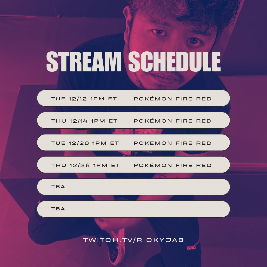 Many thx to everyone who joined or promoted my first livestream. Here’s the schedule for my next few streams. Hope to see you there 🖤🩷 twitch.tv/rickyjab