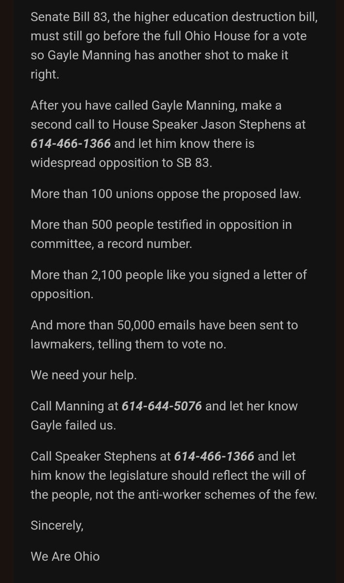 <a href="/We_Are_Ohio/">We Are Ohio</a> labor coalition not happy about the #GayleFail that occurred this week with <a href="/GayleManningOH/">Gayle Manning</a> turning her back on unions and fellow educators. Over 100 unions signed multiple letters to her opposing SB 83, and none of us will forget that she chose politics over people.