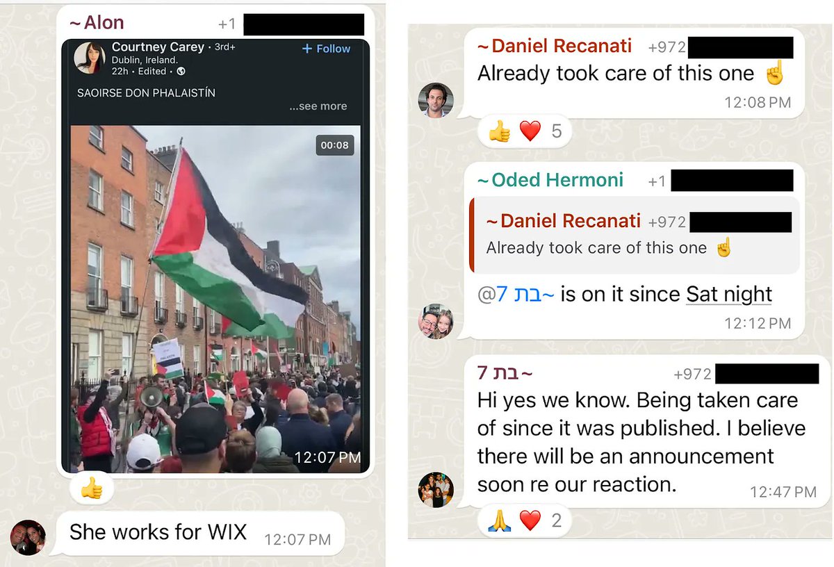 The piece goes through many examples. There are training vids from Israeli gov officials on social media debating tactics, funds for using AI to flag & report content. VCs coordinating w/a Wix exec to fire an Irish worker who posted 'Free Palestine' on LinkedIn.