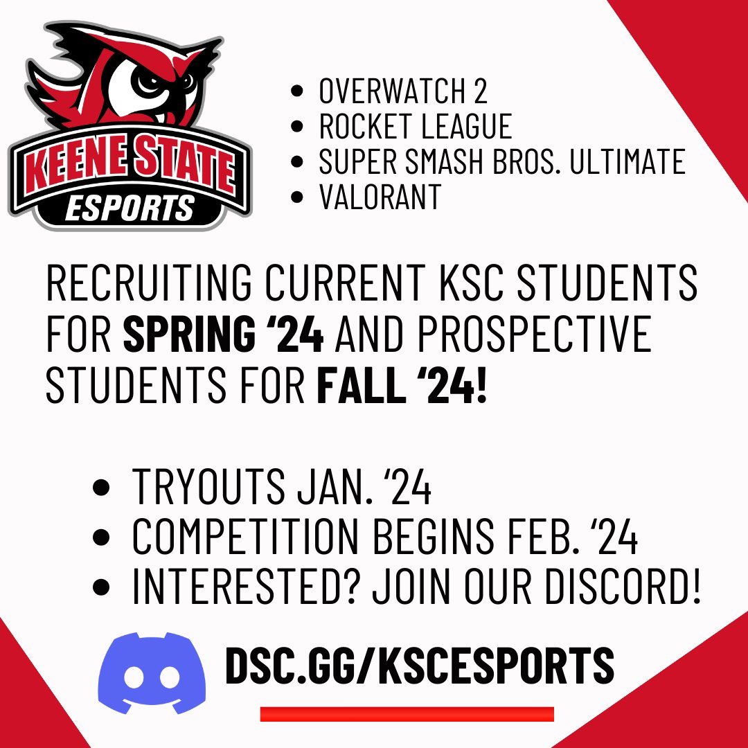 Keene State College Varsity Esports is looking for players for our inaugural season in Spring '24! Are you a current KSC Student interested in trying out? Are you interested in joining Keene State Esports for Fall '24? Join our official Discord server 👉dsc.gg/KSCEsports