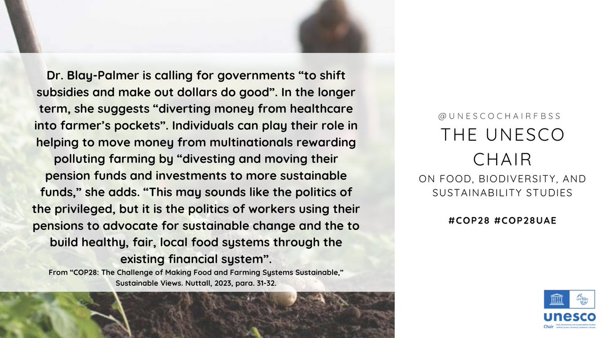 UNESCO Chair, FBSS (@unescochairfbss) on Twitter photo 🌎 Transforming the global #foodsystem starts with #divesting pension funds and investments from polluting multinationals and diverting them to more sustainable funds!
Read more from <a href="/blaypalmer/">Alison Blay-Palmer</a> about making food and farming systems sustainable 👉sustainableviews.com/cop28-the-chal…
#COP28 🌎 Transforming the global #foodsystem starts with #divesting pension funds and investments from polluting multinationals and diverting them to more sustainable funds!
Read more from <a href="/blaypalmer/">Alison Blay-Palmer</a> about making food and farming systems sustainable 👉sustainableviews.com/cop28-the-chal…
#COP28