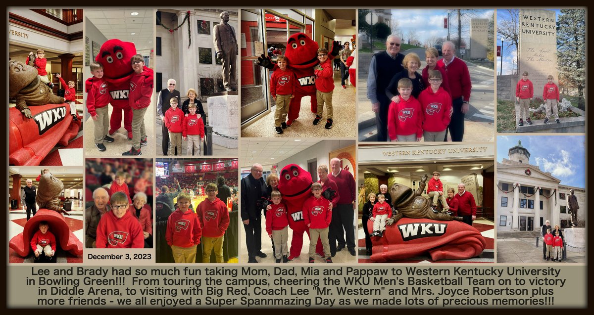 JeanMarieforKY's tweet photo. Lee &amp; Brady had fun taking Mom, Dad, Mia &amp; Pappaw to WKU in BG! From touring the campus, cheering the WKU Men's Basketball Team on to victory, to visiting w/Big Red, Coach Lee "Mr. Western" &amp; Mrs. Joyce Robertson plus more-Spannmazing Day!  @BSpann30 @SamLawsonKY @BeverlyLawsonKY https://t.co/BETMsuZ8ef