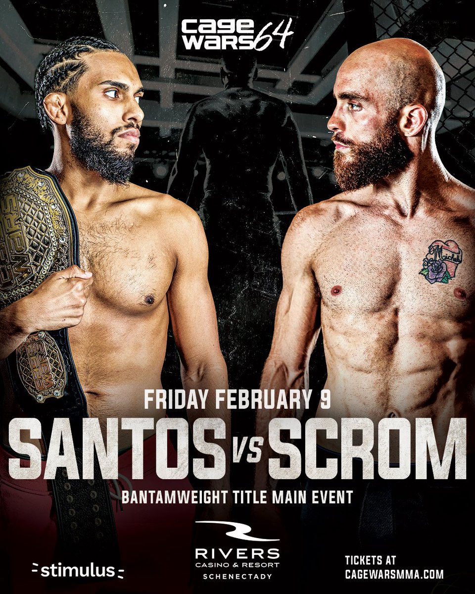 cagewars's tweet photo. We return in 2024 with these two heavy hitters headlining CW 64 at Rivers Casino Schenectady 👊 

Matthew Santos (Finishers MMA) defends his title against the tough Jordan Scrom (Atlas Jiu Jitsu)

Tickets at https://t.co/GLjClxUM8S https://t.co/uqLIOjxJG7