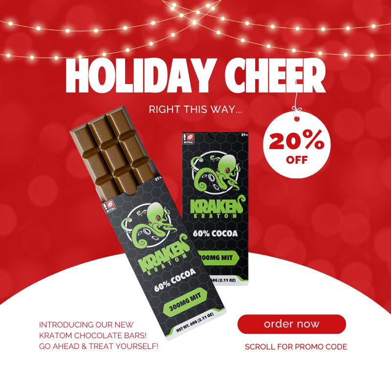 🚨 Hey! Get ready for KRATOM CHOCOLATE BARS! 🍫

Indulge in dark chocolate with 300mg of mitragynine per bar. That's 30mg per serving! 

Give them a try today with our launch offer: 
20% OFF your entire order w/ coupon: HOLIDAYCHEER

Don't miss out! 🐙✨

krakenkratom.com