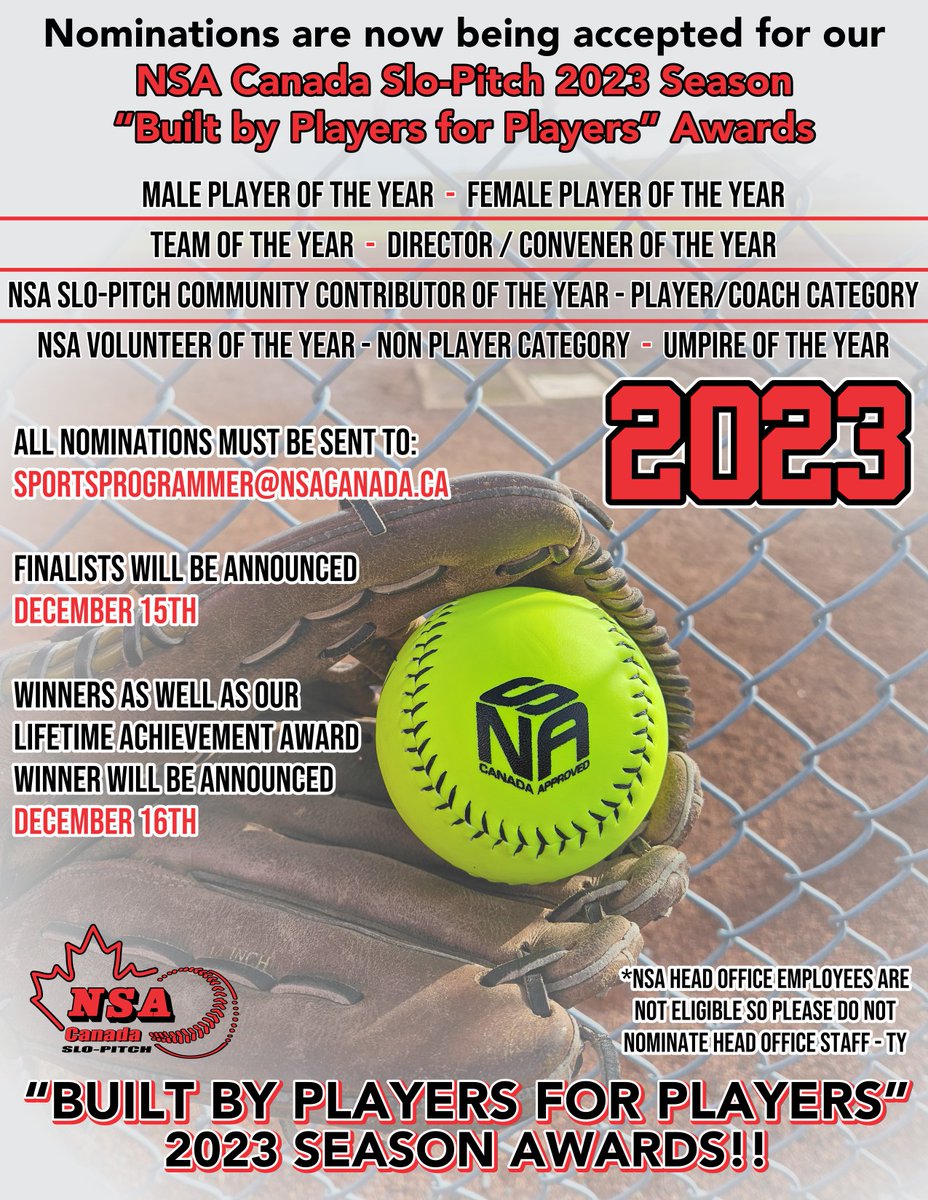The final week of our "Built by Players for Players" 2023 Awards sportsprogrammer@nsacanada.ca or message me directly.
2023 Categories
*Male Player of the Year
*Female Player of the Year
*Team of the Year
*Director / Convener of the Year
"Community Contributor of the Year -