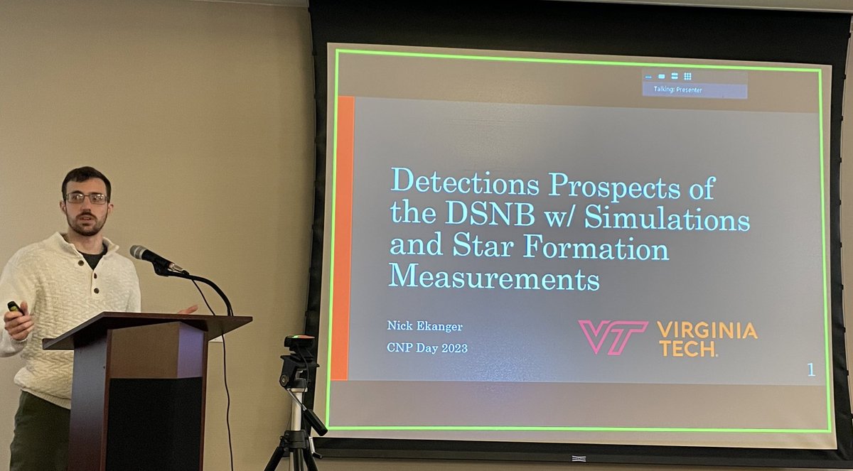 Center4NuPhys's tweet photo. CNP grad student Nick Ekanger presents his work on the diffuse supernova neutrino background. #CNPResearchDay https://t.co/F3m2osu4ct
