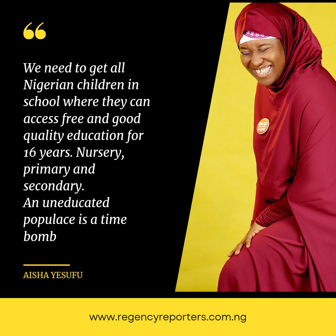 ⚡“We need to get all children in school where they can access free good quality education for 16 years. This education is for the good of the nation. An uneducated populace us a time bomb” — Aisha Yesufu 

RIP Matthew Chioma Wike Arrested Central Bank of Nigeria IT IS DONE Toke