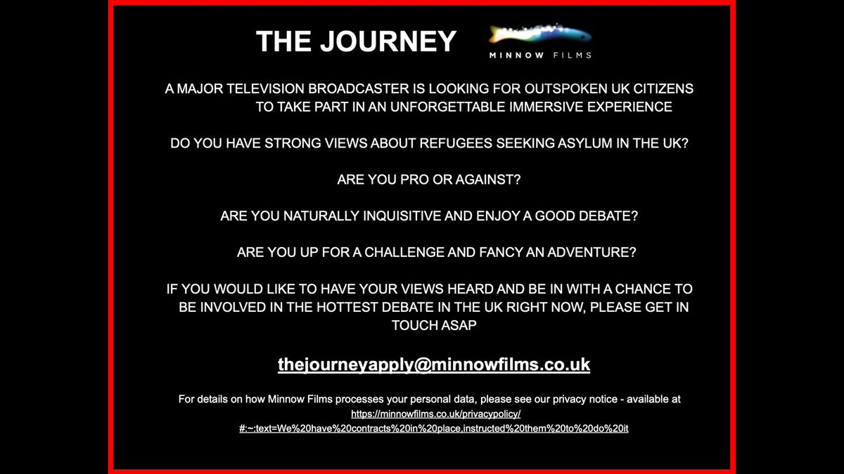 A major television broadcaster is looking for opinionated UK citizens to take part in an unforgettable immersive experience. 🎥✨
Do you have strong views about refugees seeking asylum in the UK?
Apply Now - thejourneyapply@minnowfilms.co.uk
Pls RT <a href="/JamesCastingTV/">James Alexander</a>