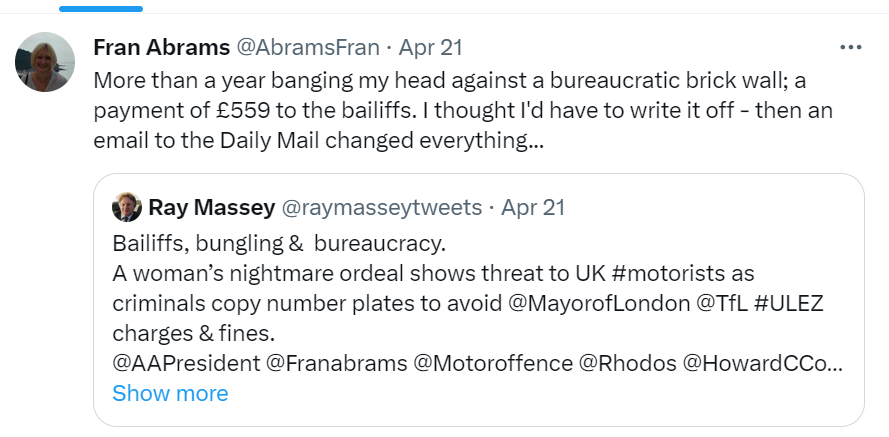 Ray Massey (@raymasseytweets) on Twitter photo Heartfelt thanks to Jeanette Miller <a href="/Motoroffence/">Jeanette Miller</a> for her input and support in helping successfully take on <a href="/MayorofLondon/">Mayor of London, Sadiq Khan</a>'s <a href="/TfL/">TfL</a> to secure justice for an innocent motorist - the story which secured my #award <a href="/gomw_uk/">The GoMW</a> . Much appreciated
<a href="/richardaucock/">Richard Aucock</a> <a href="/AAPresident/">Edmund King OBE</a> #GOMW Heartfelt thanks to Jeanette Miller <a href="/Motoroffence/">Jeanette Miller</a> for her input and support in helping successfully take on <a href="/MayorofLondon/">Mayor of London, Sadiq Khan</a>'s <a href="/TfL/">TfL</a> to secure justice for an innocent motorist - the story which secured my #award <a href="/gomw_uk/">The GoMW</a> . Much appreciated
<a href="/richardaucock/">Richard Aucock</a> <a href="/AAPresident/">Edmund King OBE</a> #GOMW