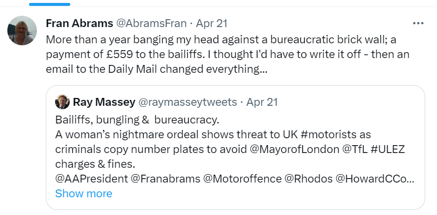 Heartfelt thanks to Jeanette Miller @Motoroffence for her input and support in helping successfully take on @MayorofLondon's @TfL to secure justice for an innocent motorist - the story which secured my #award @gomw_uk . Much appreciated @richardaucock @AAPresident #GOMW