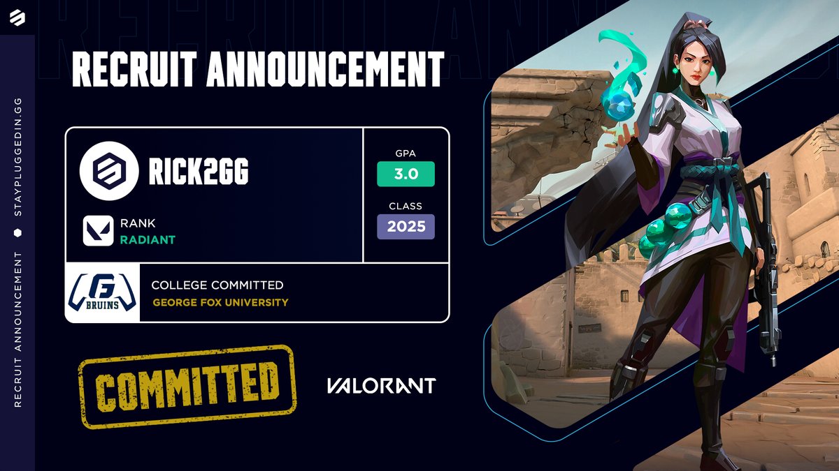 Stay_Plugged_In's tweet photo. New #SPINCommit π
@RickyTrieu has committed to compete at @GFUEsports on the Bruins VALORANT roster!
The former Top 30 Radiant will be a strong addition to the 2x @neccgames Conference Champs and 1x National Champs π
GLHF π«‘ https://t.co/4Y4gitZd64
