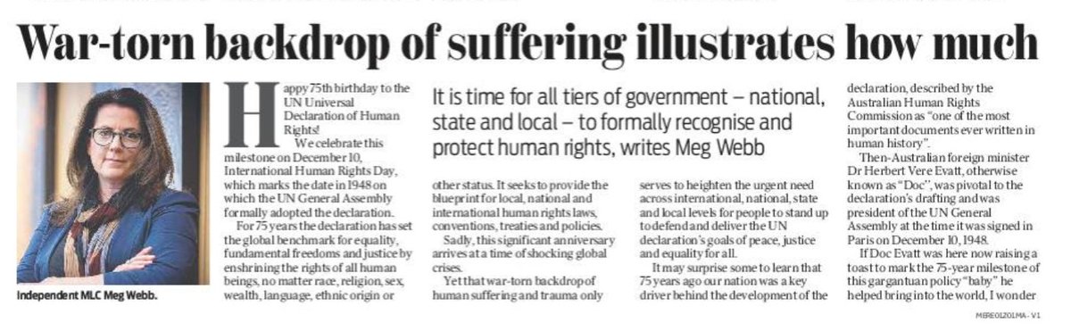 MegWebbTweets's tweet photo. I write in the Mercury today about International Human Rights Day on 10 December, which will be the 75th Anniversary of the UN Universal Declaration of Human Rights.
It's time for a Tasmanian Human Rights Act! #politas 
(second screen shot follows) https://t.co/mIFNJ76eVg