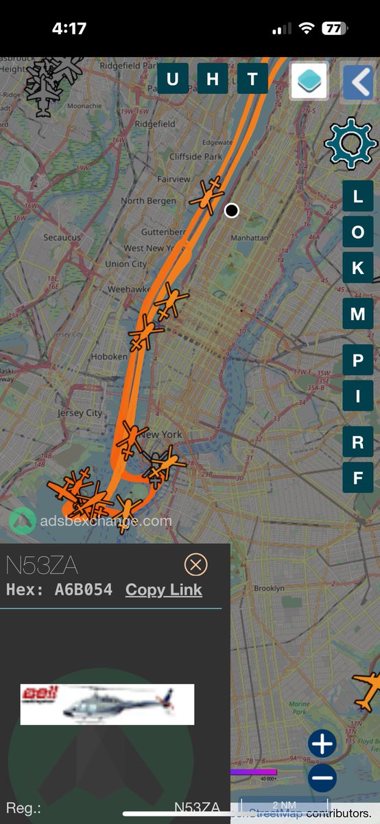 Trail of Environmental Destruction: ONE helicopter, tail #N53XA, flying from NYC-owned Downtown Man. Heliport, has bombarded millions of people in Manhattan, NJ, & Brooklyn with noise at least 25 times today. This is @NYCEDC destroying quality of life in NYC. @StoptheChopNYNJ