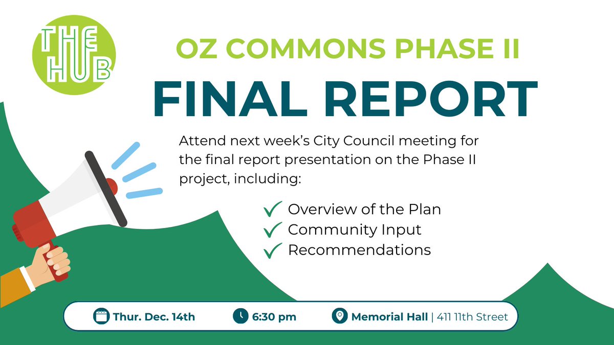 Oz Commons Phase II is coming to a close! Final recommendations will be presented by the project team to City Council at the next council meeting on 12/14 at 6:30p in Memorial Hall. This project represents an exciting next step in our planning process for downtown Osawatomie!