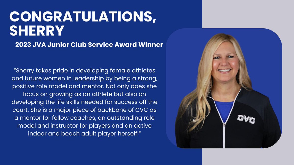 🎉Congratulations, Sherry🎉

Sherry has been chosen as one of the 2023 JVA Junior Club Service Award winners, which is only given to 28 select individuals a year😲

Thank you for your dedication to the sport and to CVC!  We are so lucky to have you🏐❤️

#CVCproud #CVCfamily 🏐❤️