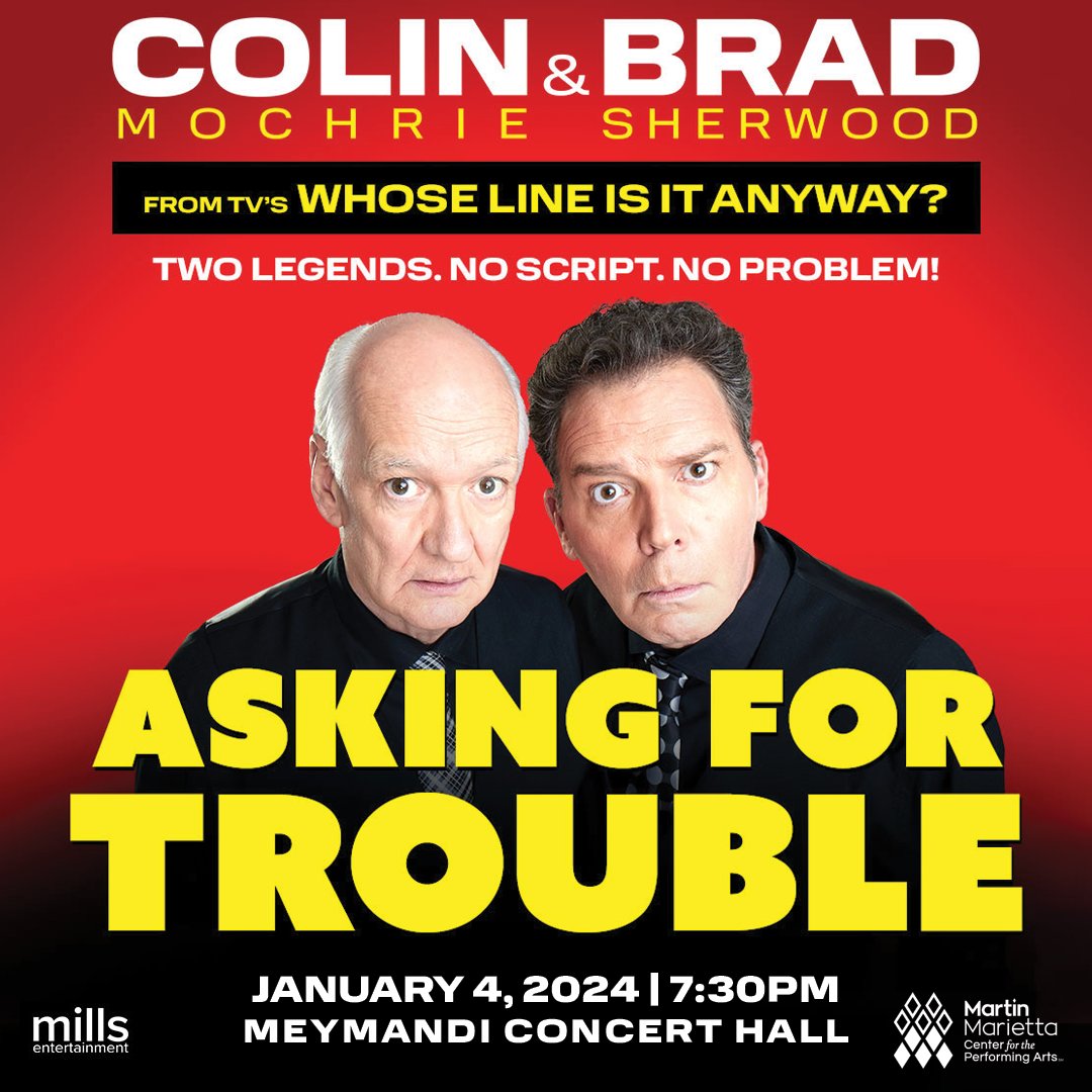 Holiday Special! @colinmochrie & @thebradsherwood will be in #MeymandiConcertHall on Jan 4. Use code SANTA to unlock this offer when purchasing tickets! This offer expires Dec 31 at 10pm. 🎟️ Get your tickets now bit.ly/3Pnu33x