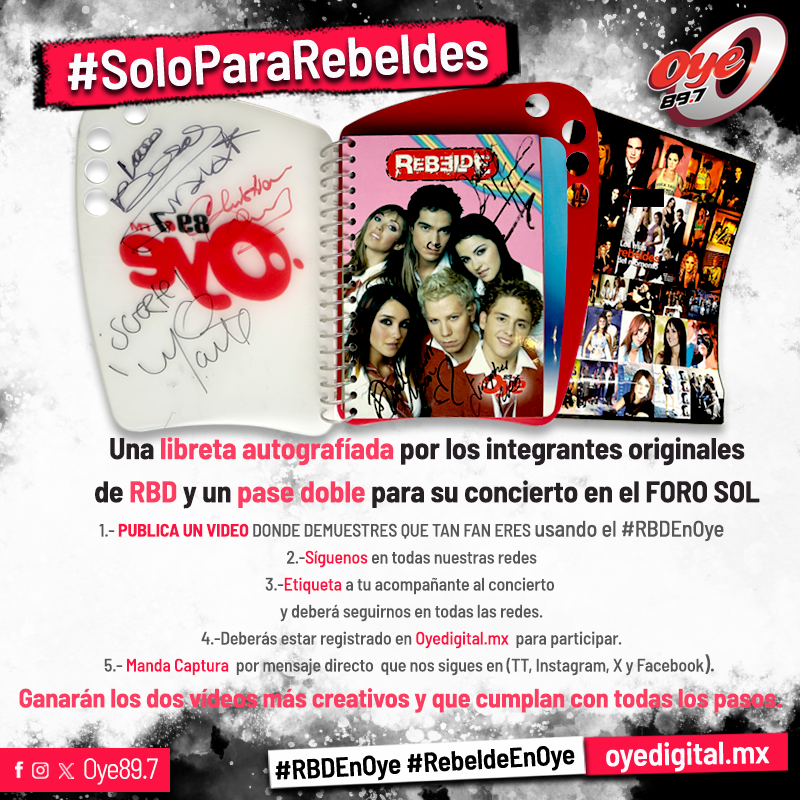 Oye897's tweet photo. #SOLOPARAREBELDES ¿Quieres ganarte una libreta autografiada y un pase doble?📕🎫

Sigue todos los pasos y no se te olvide etiquetarnos. 🎶
Ganarán los dos vídeos más creativos y que cumplan con todas los pasos.🙌🏻

Tienes hasta el lunes 11 de diciembre.

#RBDEnOye #RebeldeEnOye https://t.co/5UvkDALvRx