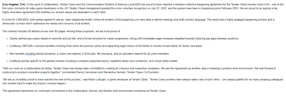 ethangach's tweet photo. NEW: Tender Claws becomes the first union game studio in the US to win a contract.

The collective bargaining agreement includes provisions for codifying pay scales, LGBTQIA+ inclusive benefits, repetitive stress injury protection, and more. 

https://t.co/pi3M183BiC https://t.co/ykCeW1eqe2