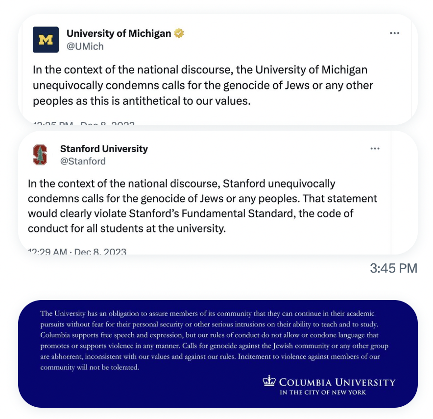 does anyone else find it concerning that within hours, columbia, stanford & michigan put out almost identical statements? all using the diminutive genocide of 'any peoples' w/o naming the current genocide? 2 using the the same first sentence entirely?