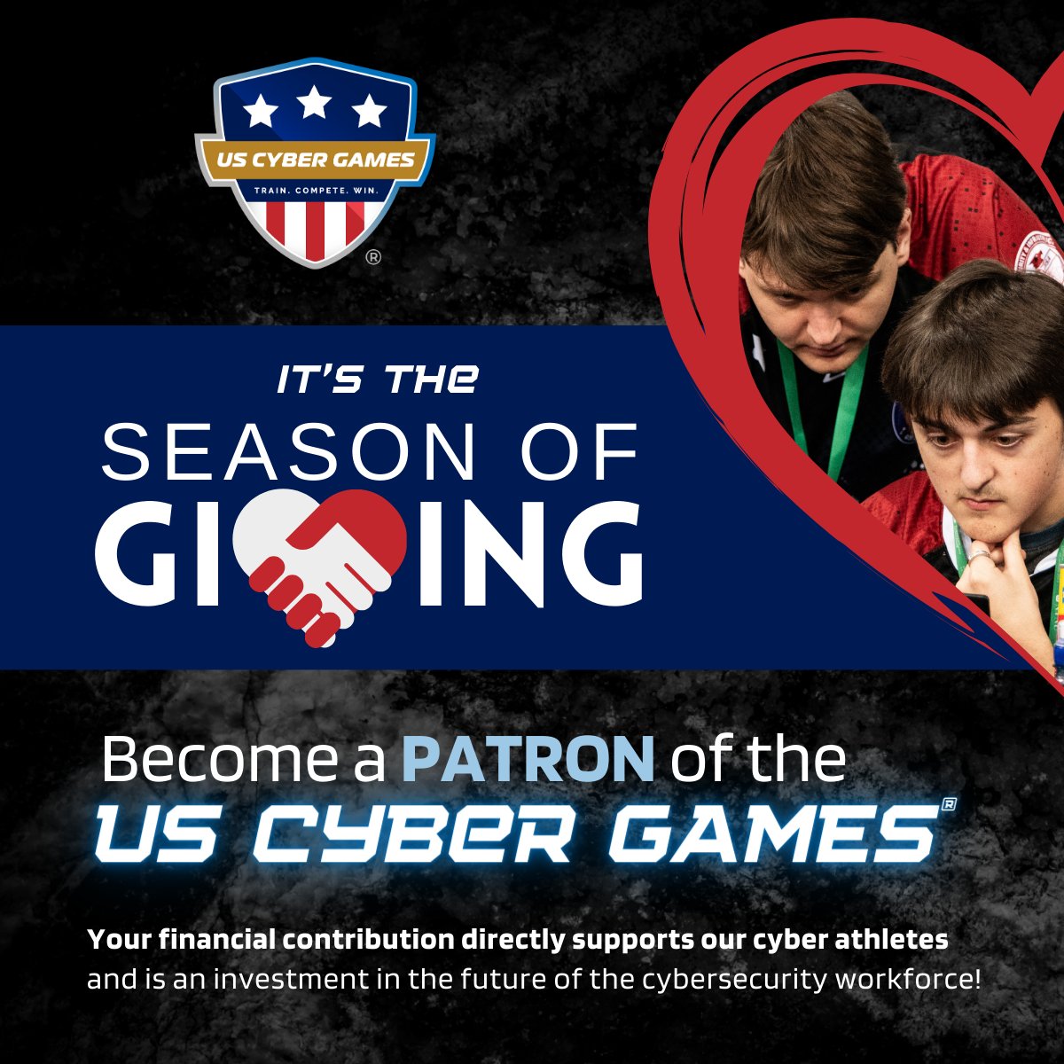 USCyberGames's tweet photo. In this #SeasonofGiving - Become a PATRON of the #USCyberGames and show your support of the #USCyberTeam -> https://t.co/6nOpSmINF4
#cybersecurity #cyberathlete #cyberfan https://t.co/QVOwHCJmkR