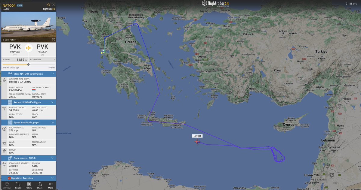 alternativewip's tweet image. #NATO E3 sentry awacs seen today departing from aktion airport greece, the aircraft then circling over the east of the mediterranean sea, to the south of cyprus. #NATO04 #PVK
