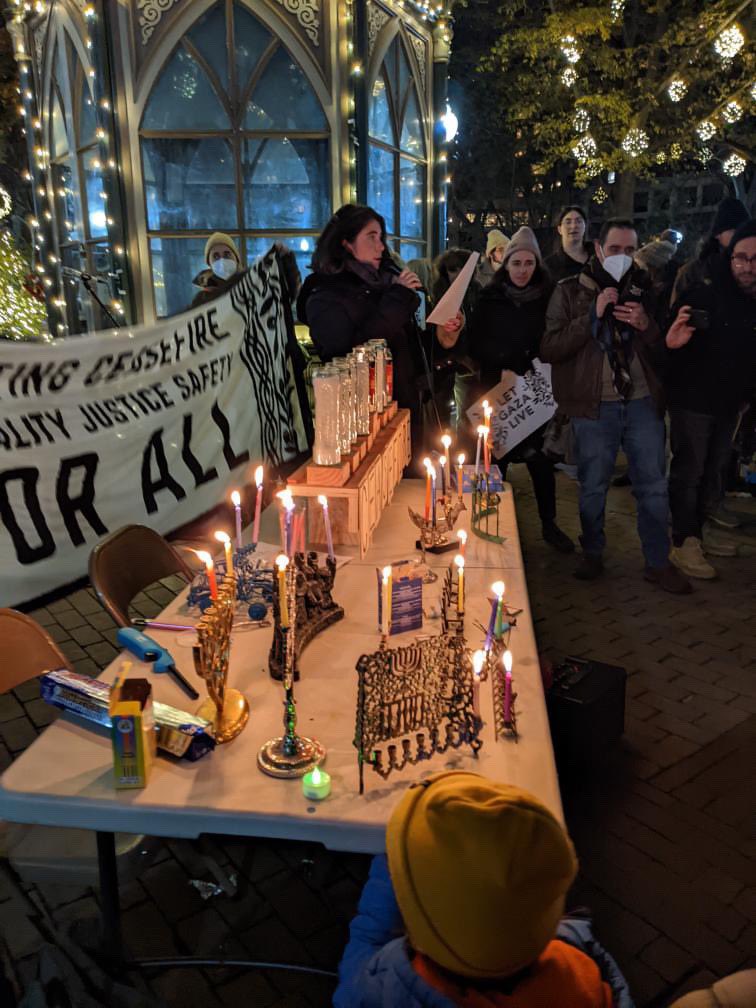 JVPPhilly's tweet photo. Shabbat Shalom. As we kindle the Chanukah lights, we ignite hope for lasting peace. Last night together with @IfNotNowPhilly &amp; @rodfeishalom in Rittenhouse and tonight across Philadelphia, we continue to call for a ceasefire to bring brightness to these darkest times. https://t.co/JgDTJqPV0S