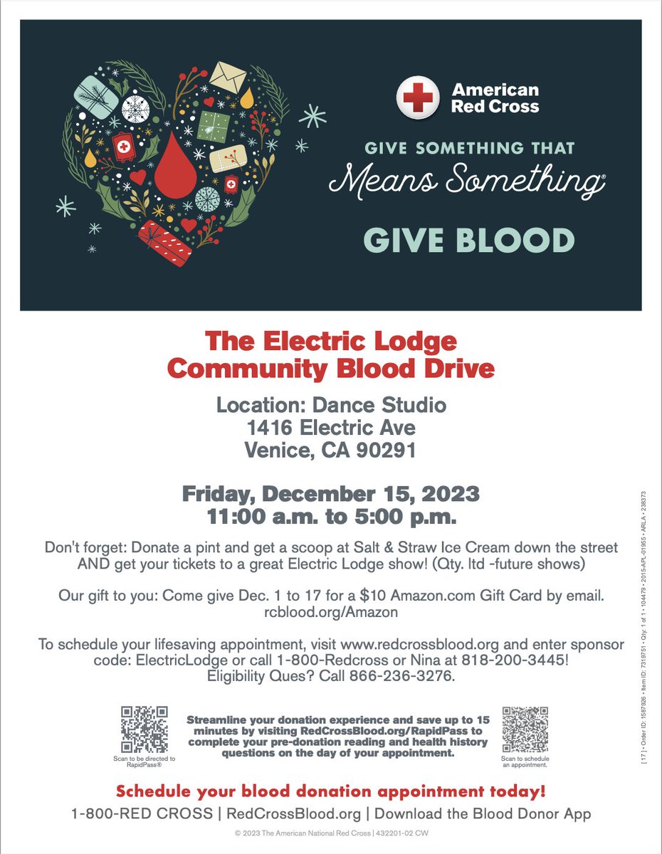 ElectricLodge's tweet photo. Join us Friday, December 15th in our Dance Studio from 11am-5pm for our American Red Cross x Electric Lodge Blood Drive!!!

- Donate and get a scoop of ice cream at Salt &amp; Straw, tix to our next Electric Lodge show, and a $10 https://t.co/yGwfye31be Gift Card! https://t.co/NOUoo8fvLV