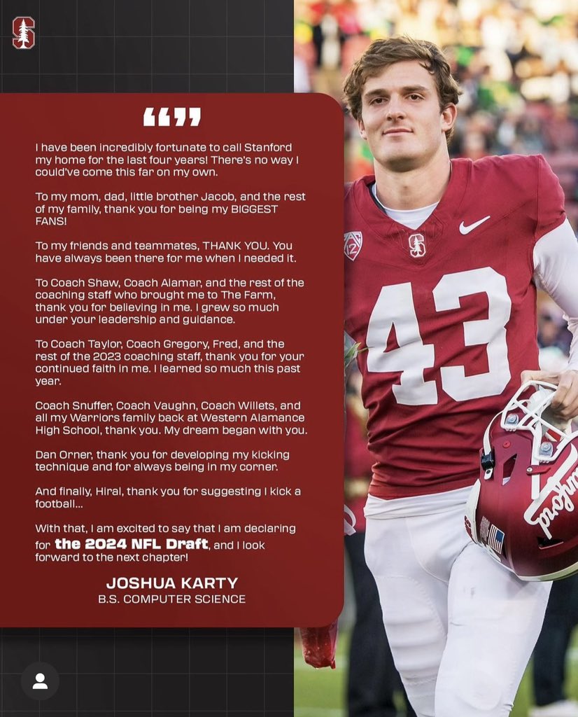 Joshua Karty has declared for the NFL Draft. 

Best kicker in the Nation, no doubt. The definition of a true Stanford Man! What a legend, can’t wait to see him shine in the league! 

#GoStanford 🌲🤓