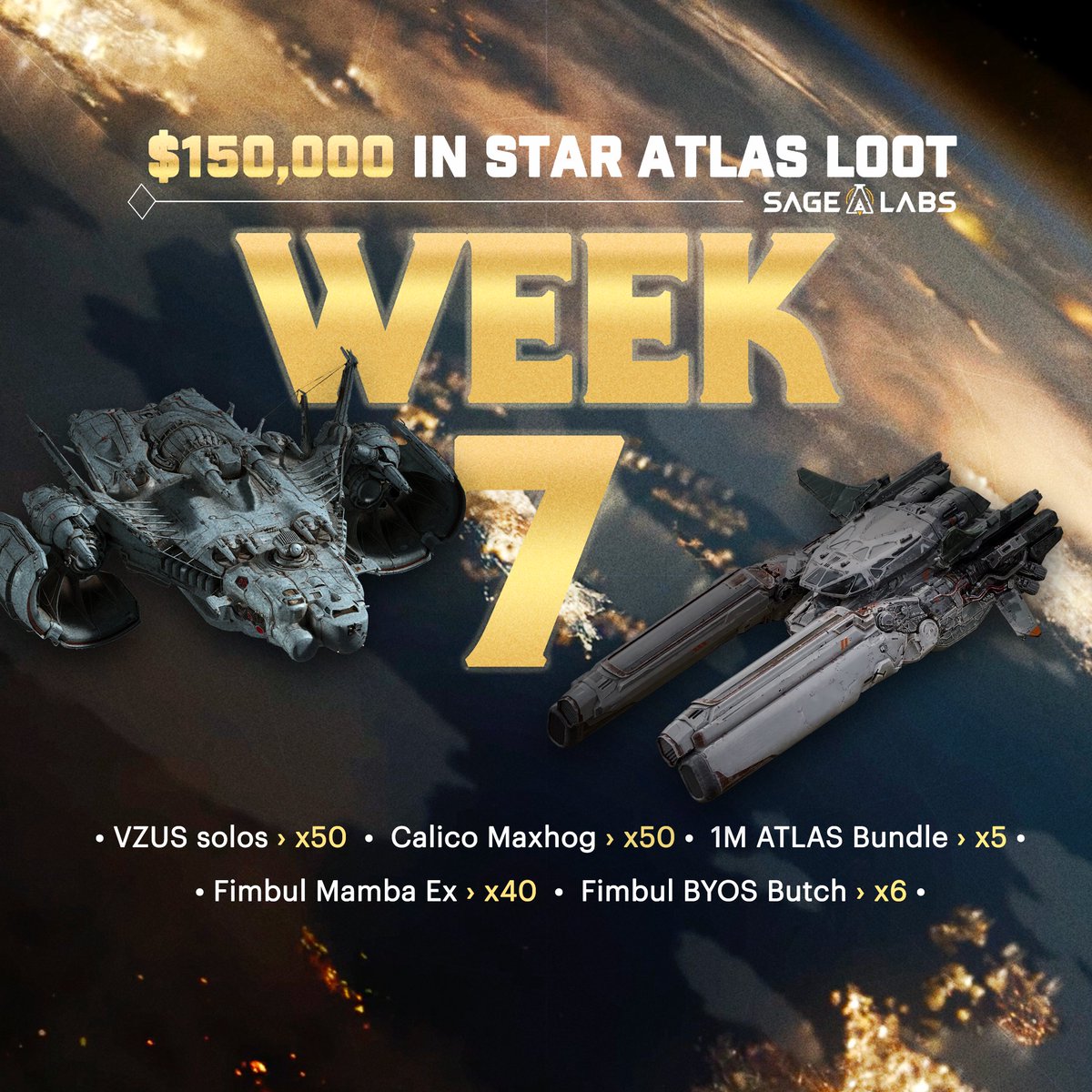 staratlas's tweet photo. Goodbye Week 6 and hello Week 7 of the Golden Ticket Event! 🟡 🎟️

Don't miss out on your chance at taking home ships that will never be sold by us, like the Fimbul Mamba Ex and Calico Maxhog! Submit tickets by December 15 / 3:15PM ET. 

➡️ https://t.co/dn6K18bfVu https://t.co/1I2MR4BiFP
