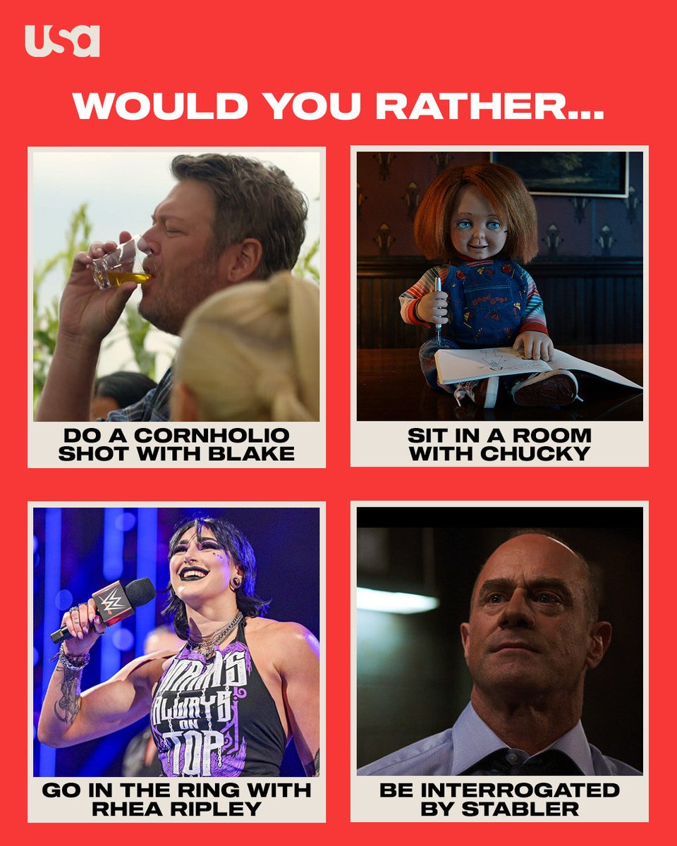 USANetwork's tweet image. Not so easy, tbh. 😬 #Barmageddon #Chucky #WWERaw #SVU