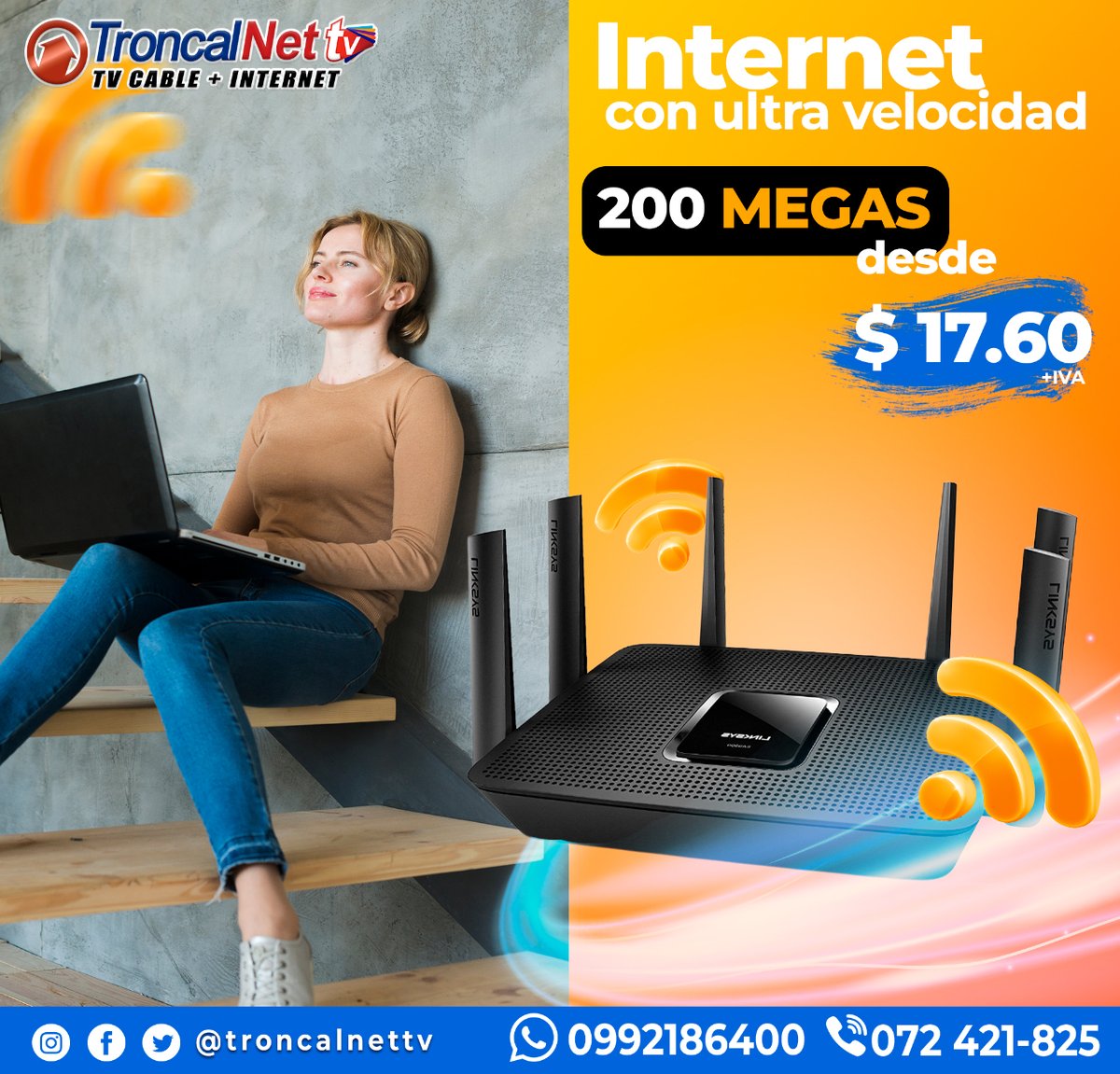 troncalnetec's tweet photo. Planes desde 200MB por $17.86 😎 cobertura total con router de doble banda. Estamos para servirte 📞0992186400
#hemosevolucionado
#damosmasqueinternet
#latroncalcañar
#Zhucay
#ElTriunfo
#Cochancay
#playasecuador
#elpiedrero https://t.co/CPWdc7BMCz