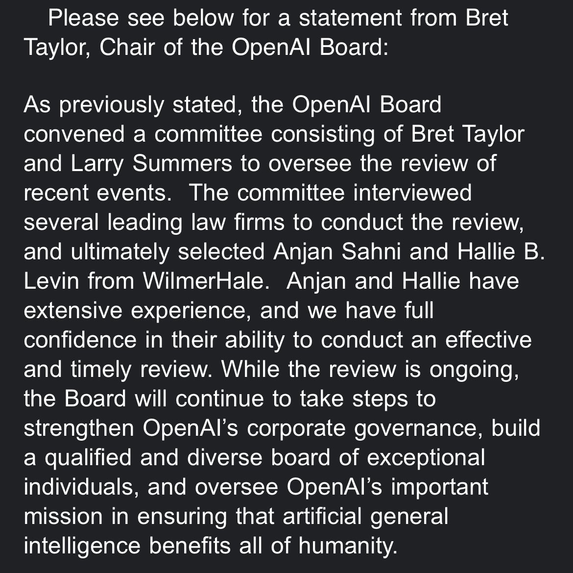 OpenAI’s board chair @btaylor says they’ve selected WilmerHale to conduct an internal investigation into the events around the board’s firing of @sama, per statement.